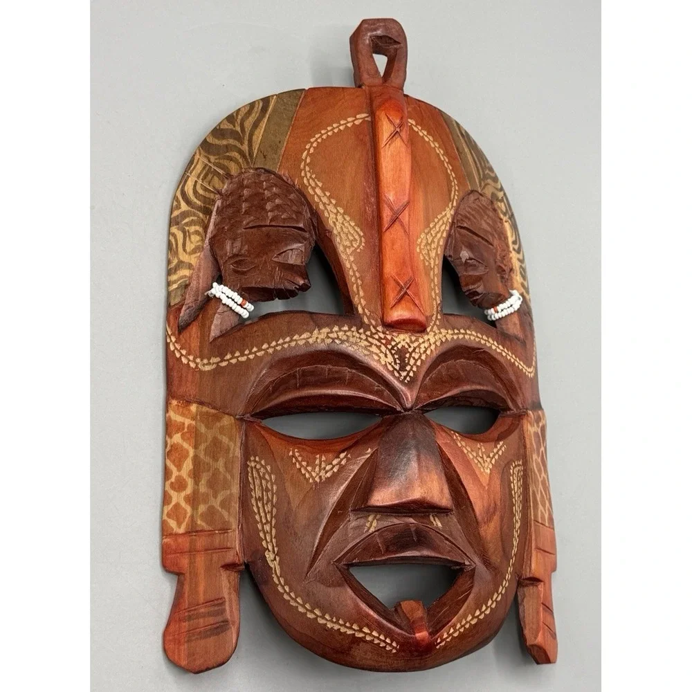 Vintage Hand Carved Wooden African Maasai Beaded Mask Kenya Wall Decor
